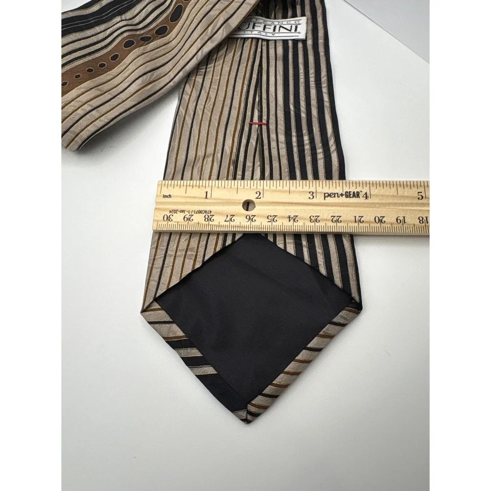 Gianfranco Ruffini Mens Silk Tie Tan Brown Black Geometric Abstract Stripe Italy